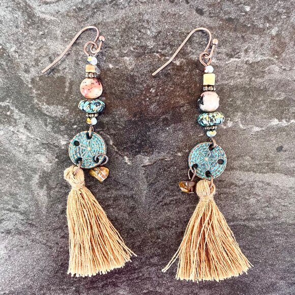 Boho Dangle Tassel Earrings Handmade with Beads and Tassel Thread for Women - Picture 1 of 4